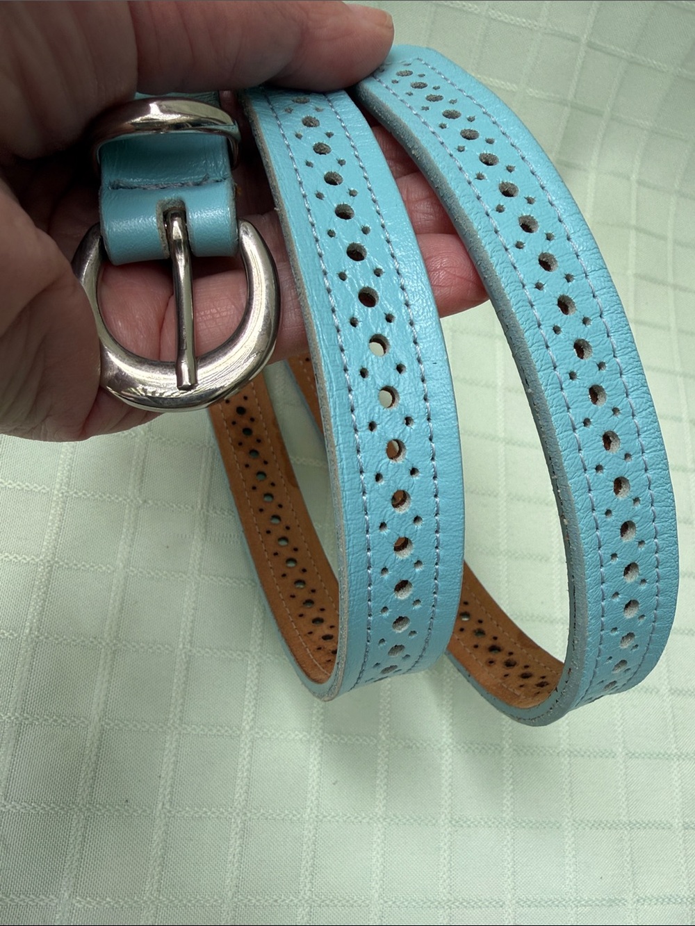 Vintage Light Blue Leather Belt with Decorative Perforation